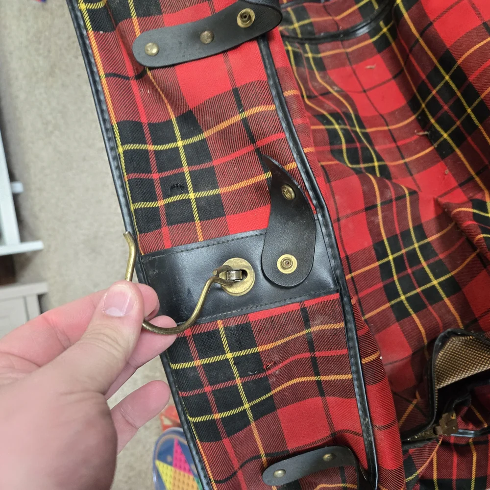 Red CarSac Plaid Hanging Garment Bag Storage Vintage Travel Retro Suitcase